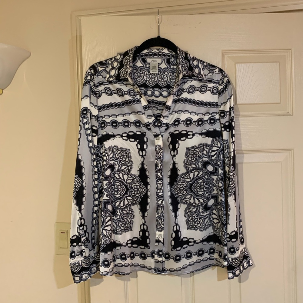 Cache Black/Gray Patterned Silk Blouse sz M